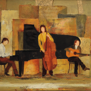 oil painting of people playing jazz