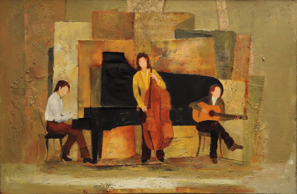 oil painting of people playing jazz